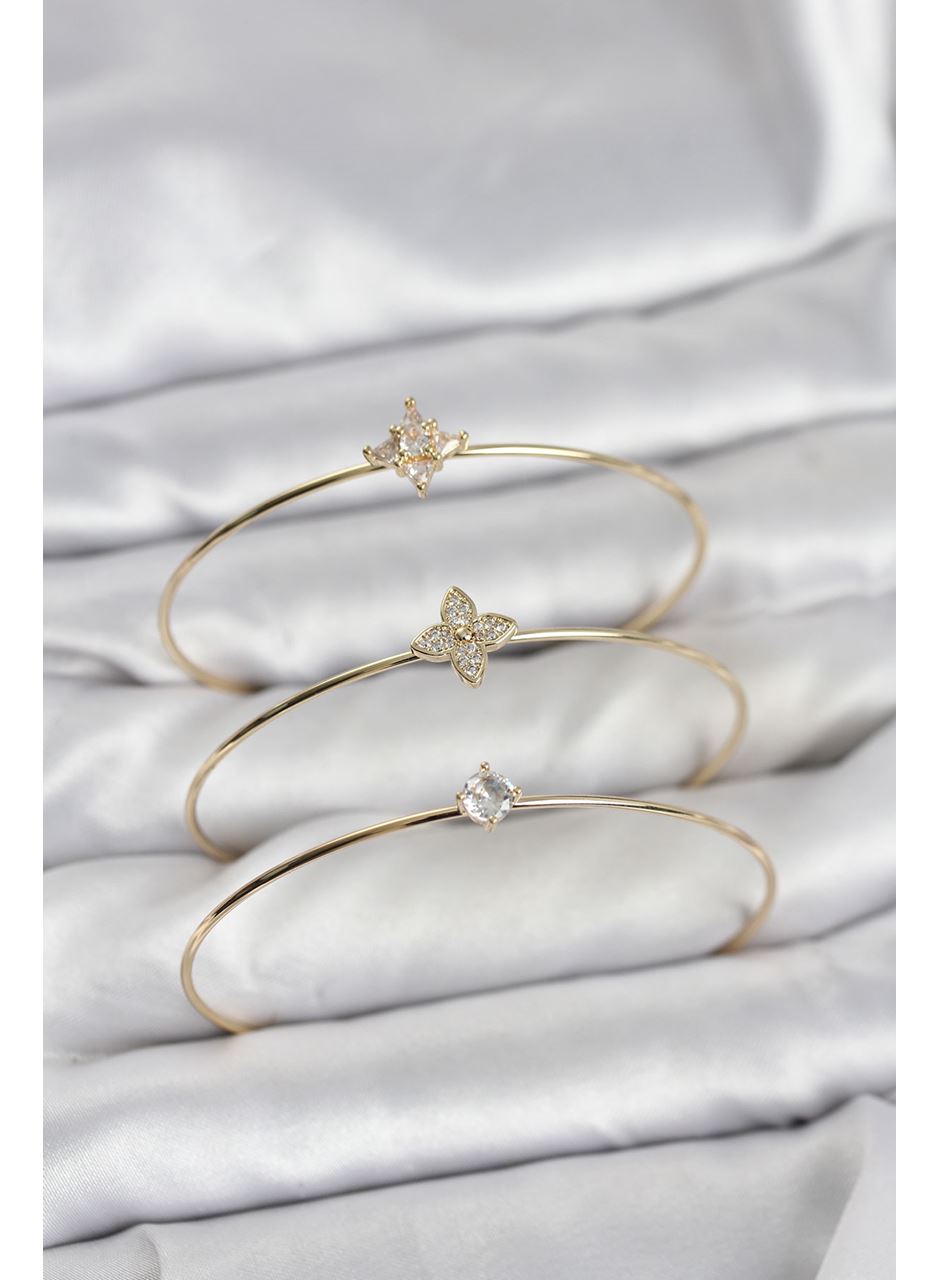 Zirkon Taşlı Gold Renk Yonca Model 3'lü Kadın Bileklik Kombini