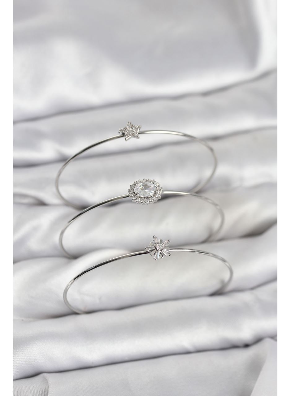 Zirkon Taşlı Gümüş Renk Tek Taş Model 3'lü Kadın Bileklik Kombini