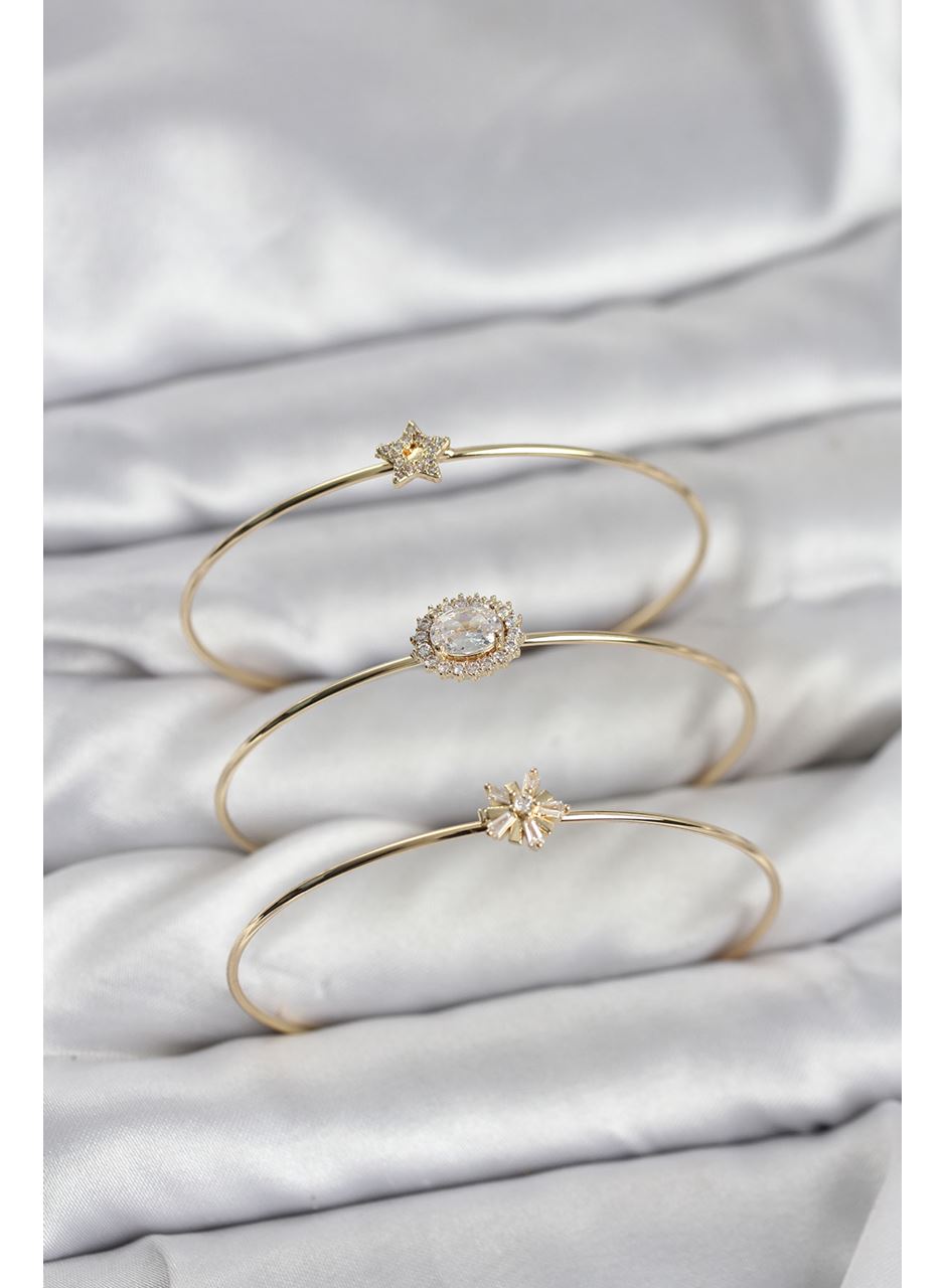 Zirkon Taşlı Gold Renk Tek Taş Model 3'lü Kadın Bileklik Kombini