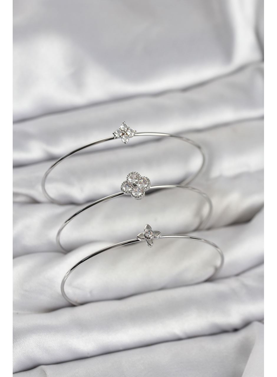 Zirkon Taşlı Gümüş Renk Yonca Tasarım 3'lü Kadın Bileklik Kombini