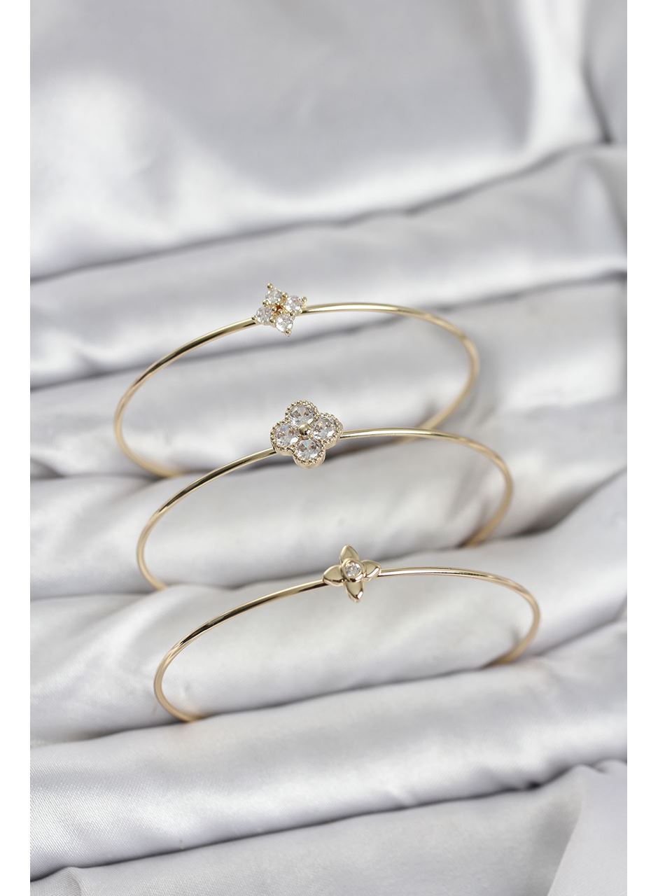 Zirkon Taşlı Gold Renk Yonca Tasarım 3'lü Kadın Bileklik Kombini