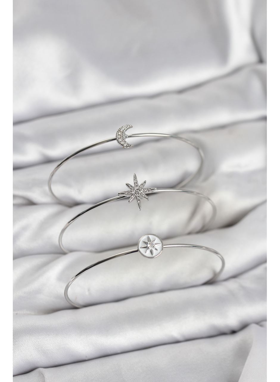Gümüş Renk Zirkon Taşlı Kutup Yıldızı Model 3'lü Kadın Bileklik Kombini
