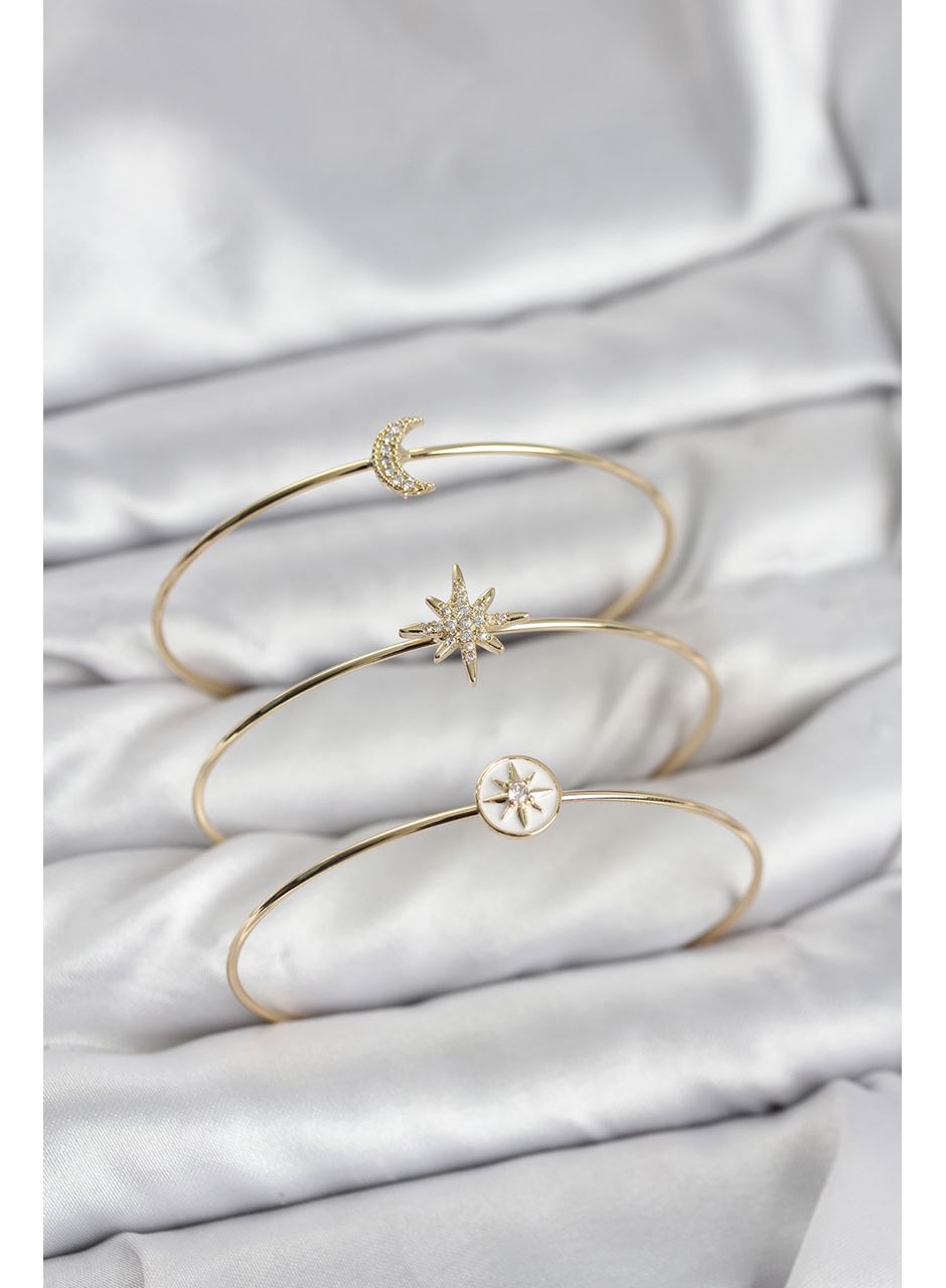 Gold Renk Zirkon Taşlı Kutup Yıldızı Model 3'lü Kadın Bileklik Kombini