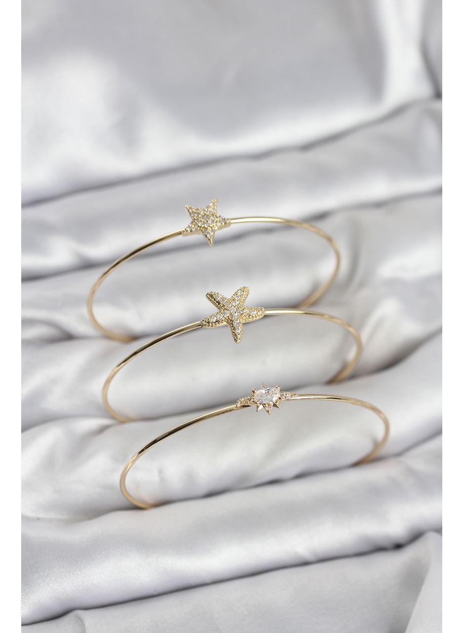 Gold Renk Zirkon Taşlı Deniz Yıldızı Model 3'lü Kadın Bileklik Kombini