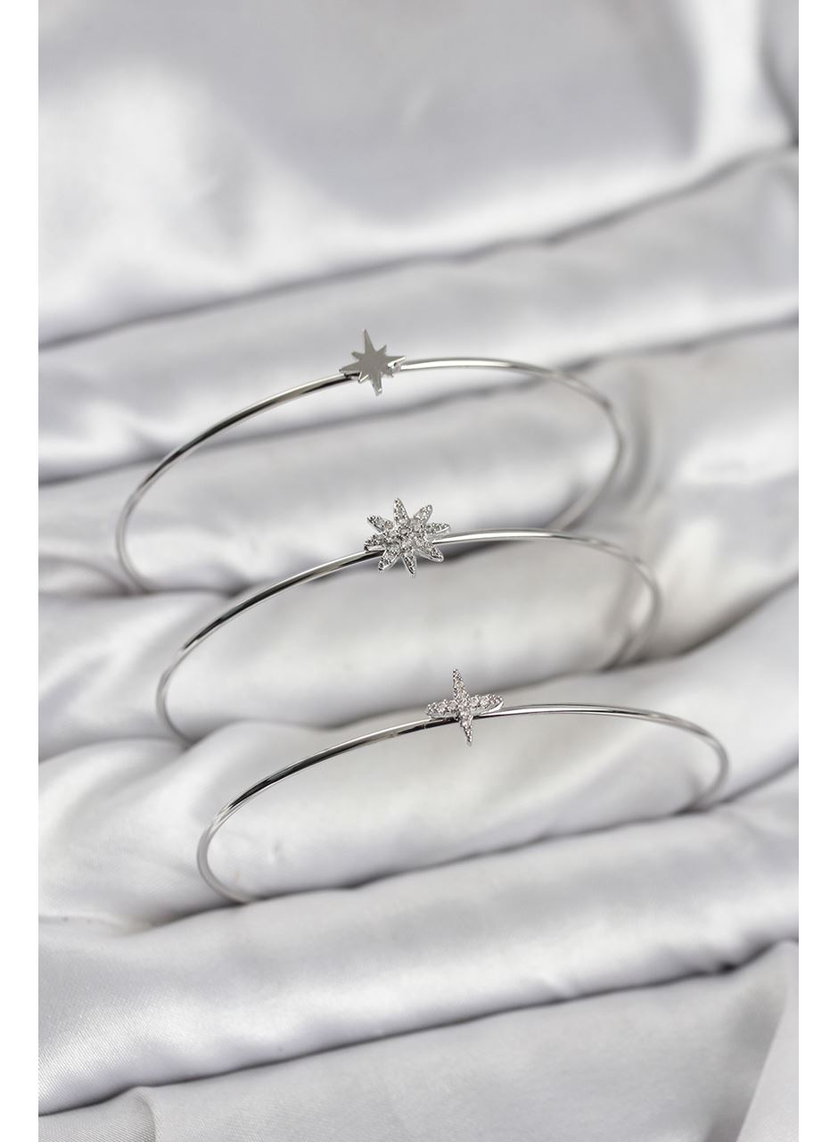 Zirkon Taşlı Kutup Yıldızı Model Gümüş Renk 3'lü Kadın Bileklik Kombini