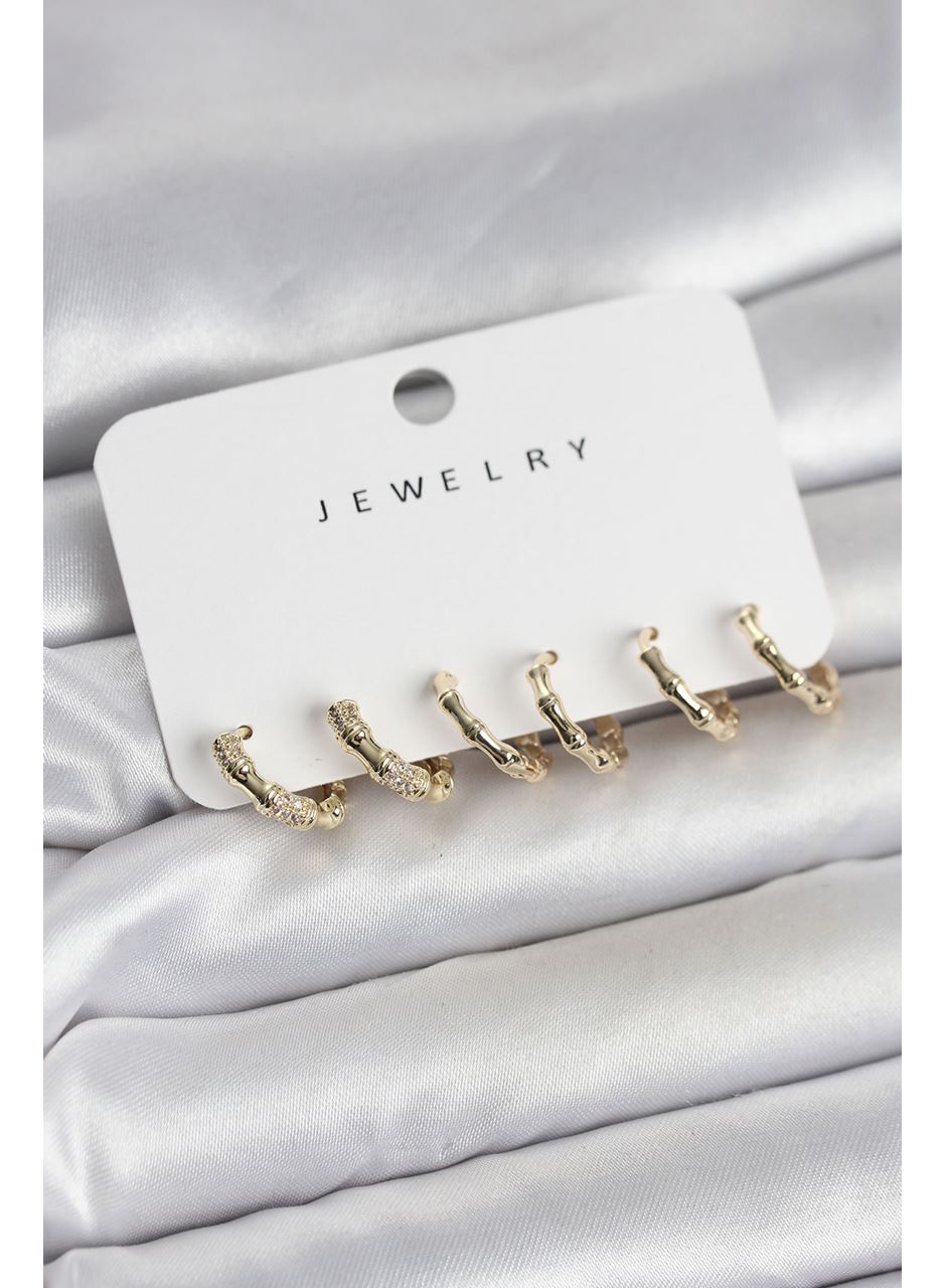 Gold Renk Pirinç Kemik Model 3 Çift Kadın Küpe Seti