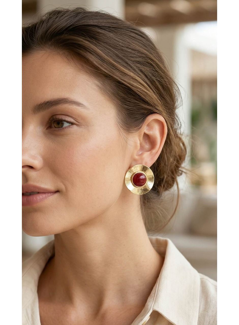 Vintage Model Bordo Gold Renk Pirinç Kadın Küpe