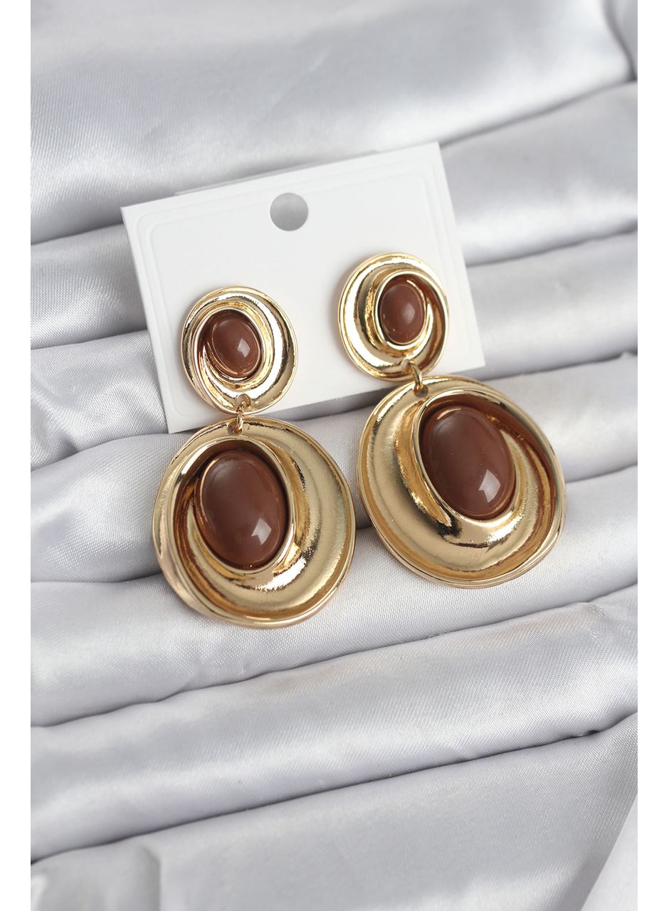 Kahverengi Sallantılı Damla Model Gold Renk Vintage Kadın Küpe