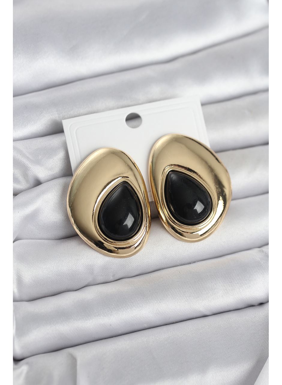 Pirinç Gold Renk Siyah Taşlı Damla Model Vintage Kadın Küpe
