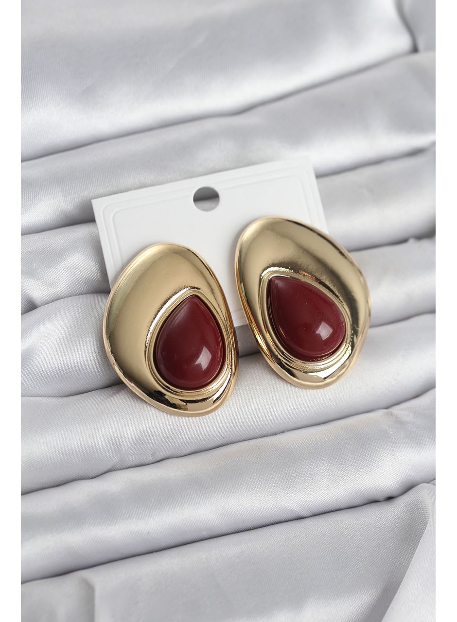 Pirinç Gold Renk Bordo Taşlı Damla Model Vintage Kadın Küpe