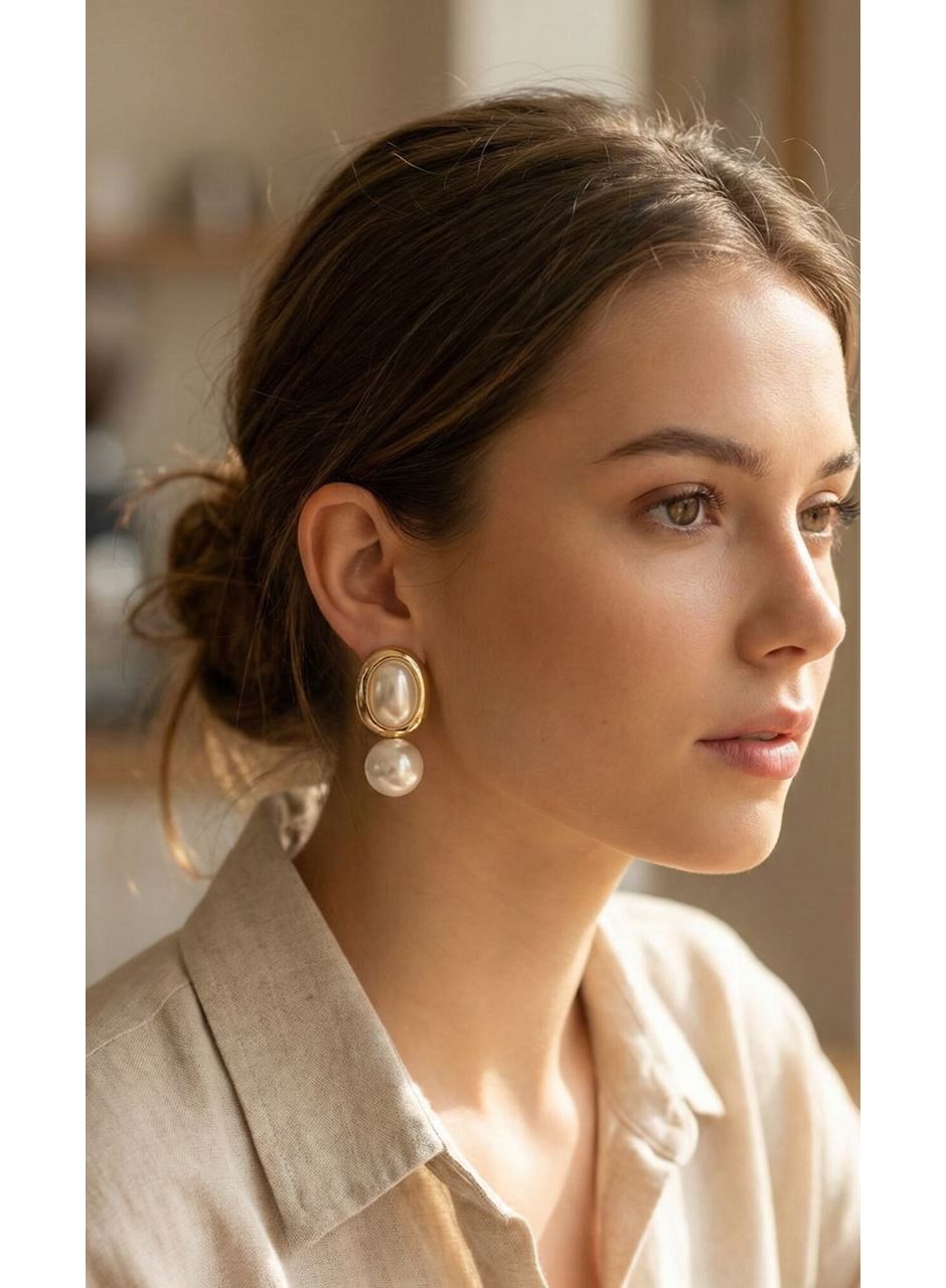 Pirinç Gold Renk Model İncili Kadın Küpe