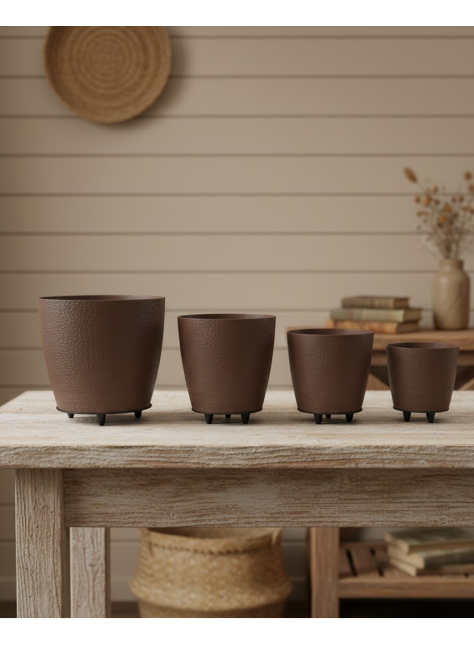 4’lü 3D Şık Kahverengi Vazo Seti Modern Ayaklı Saksı