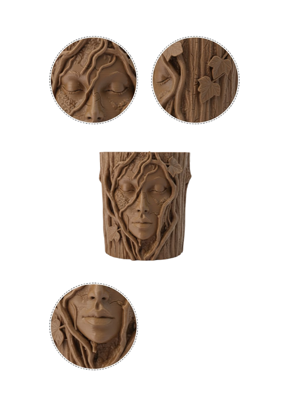 Doğa Temalı Yüz Detaylı Dekoratif Vazo 3D Ağaç Desenli Şık Saksı