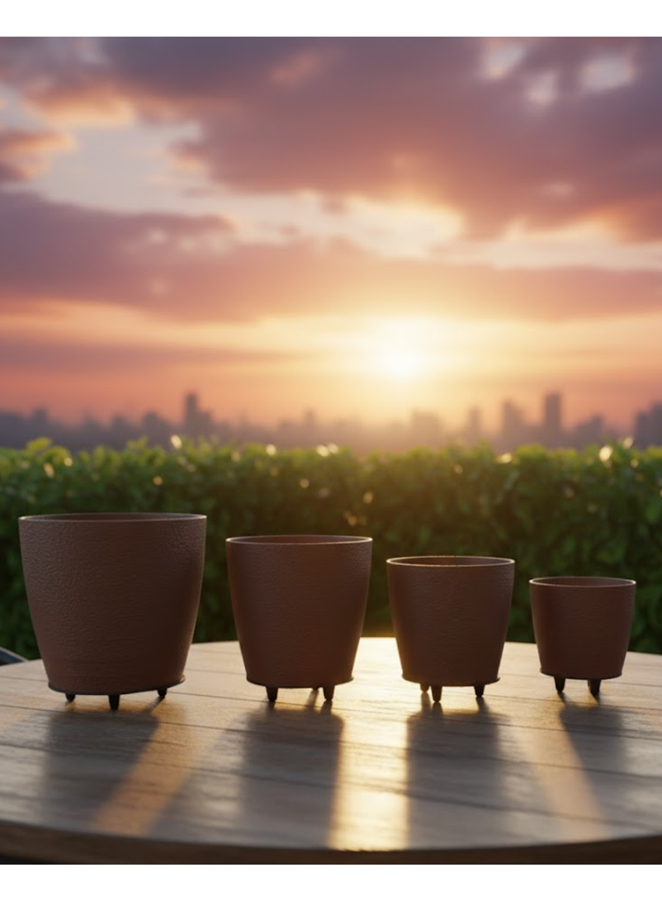 4’lü 3D Kahverengi Ayaklı Dekoratif Saksı Takımı Modern Tasarım