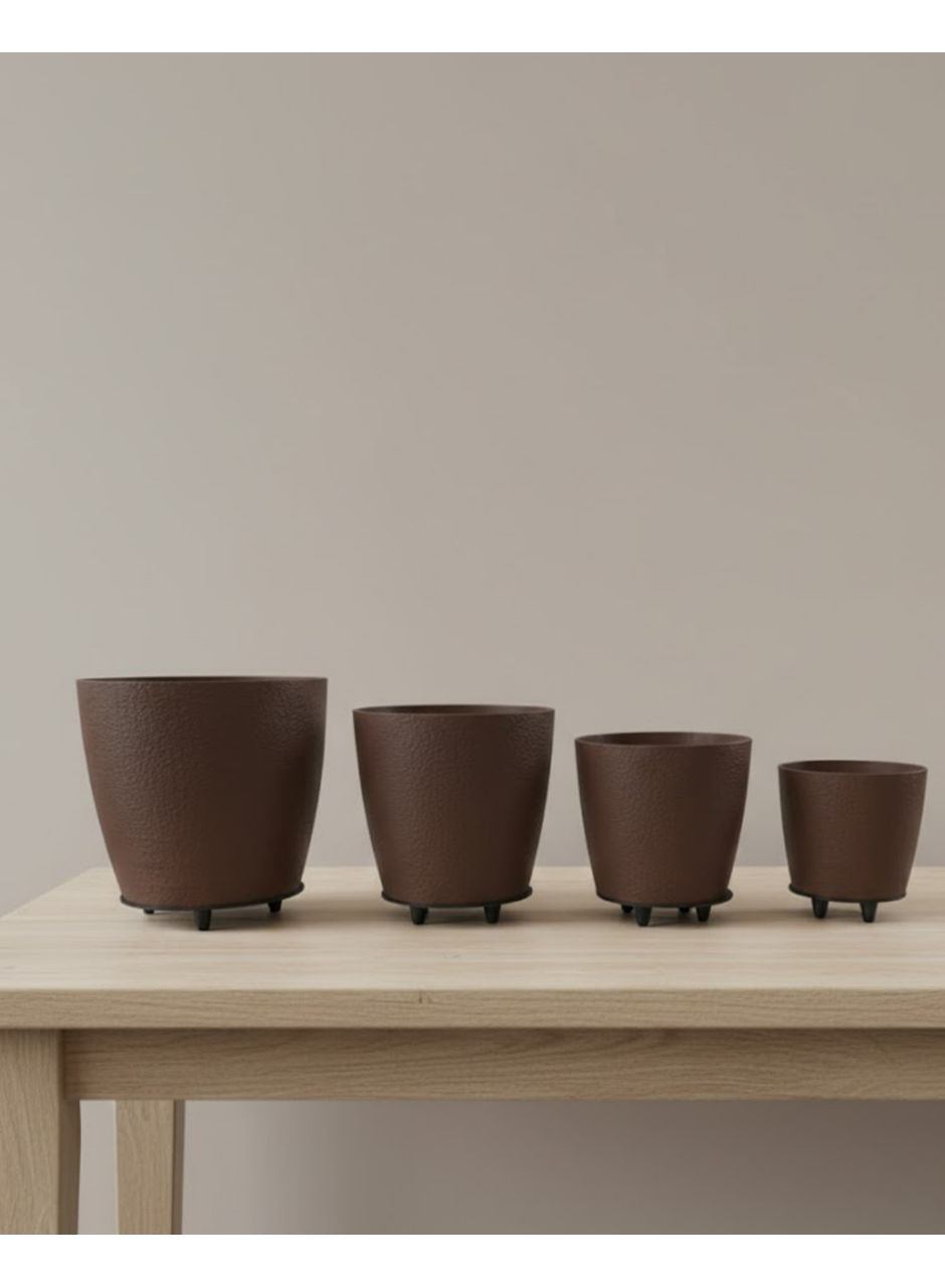 4’lü 3D Kahve Tonlu Ayaklı Saksı Seti Modern Dekoratif Vazo Takımı
