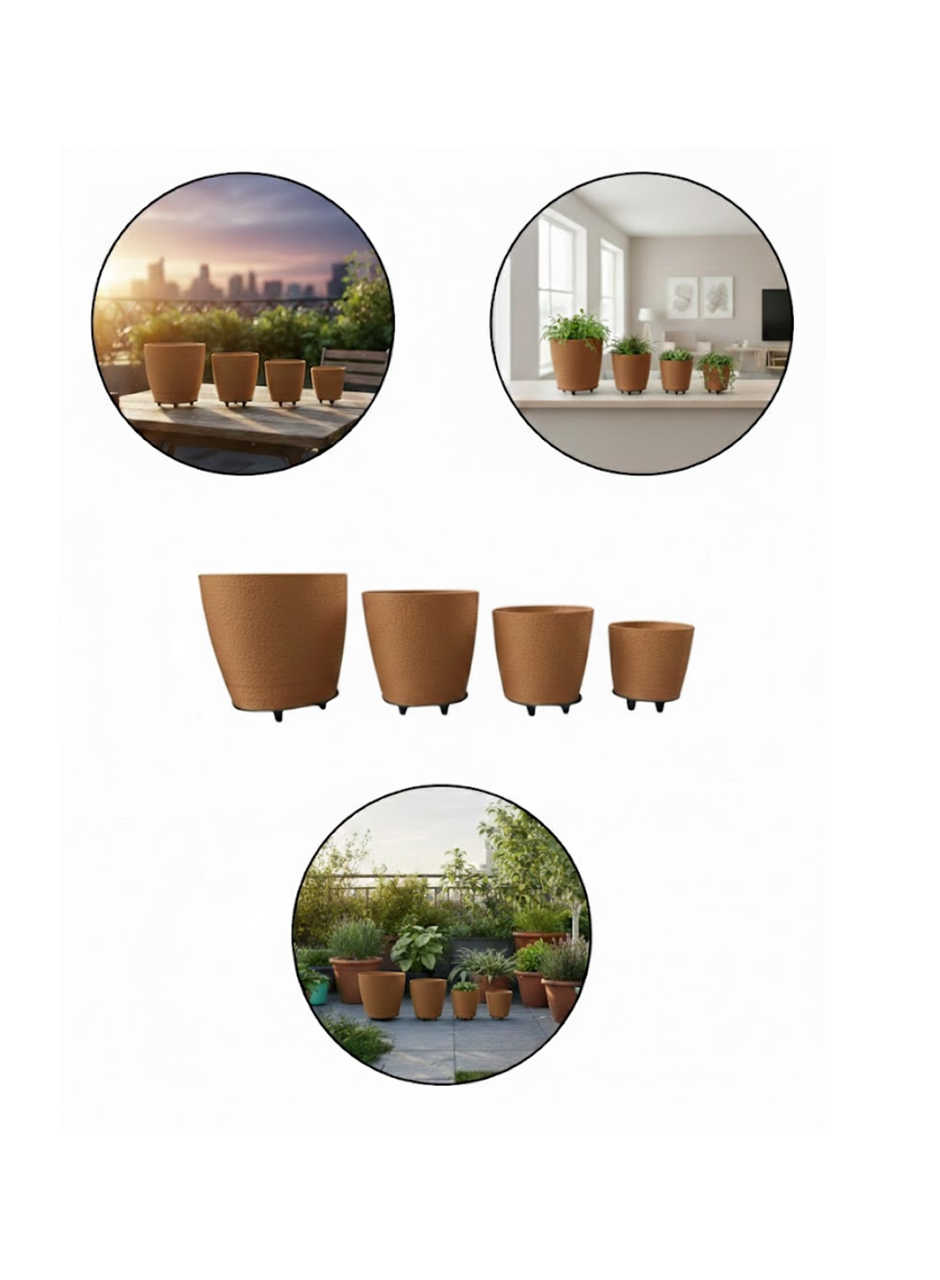 4’lü 3D Kahve Tonlu Ayaklı Saksı Seti Modern Dekoratif Vazo Takımı