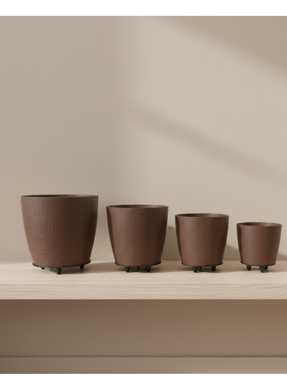 4’lü 3D Kahverengi Dekoratif Vazo Seti Modern Ayaklı Şık Saksı Takımı