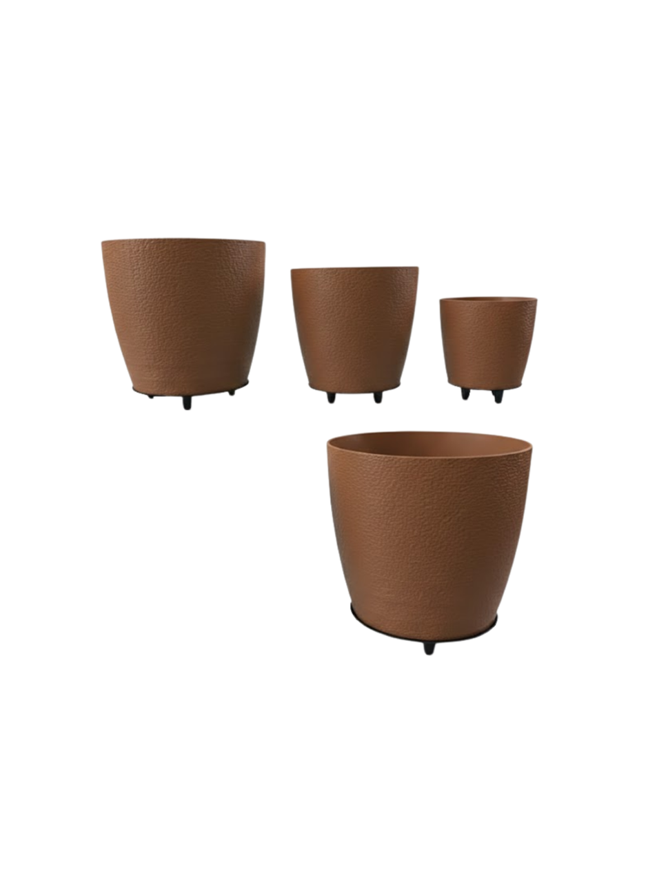 4’lü 3D Kahverengi Dekoratif Vazo Seti Modern Ayaklı Şık Saksı Takımı