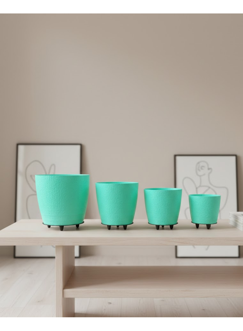 4’lü 3D Ayaklı Yeşil Saksı Seti Dekoratif Modern Tasarım