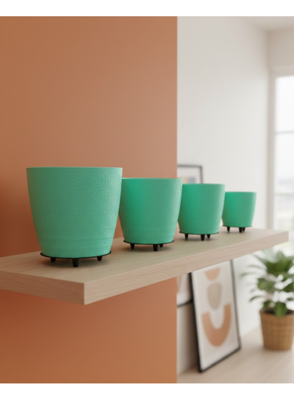 4’lü 3D Modern Yeşil Vazo Seti Dekoratif Ayaklı Saksı Takımı