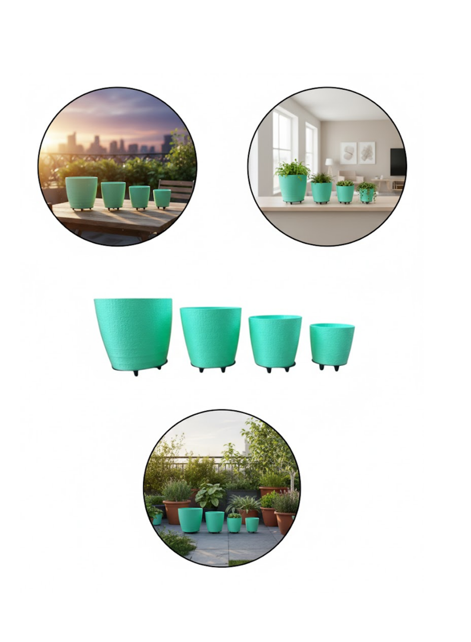 4’lü 3D Modern Yeşil Vazo Seti Dekoratif Ayaklı Saksı Takımı