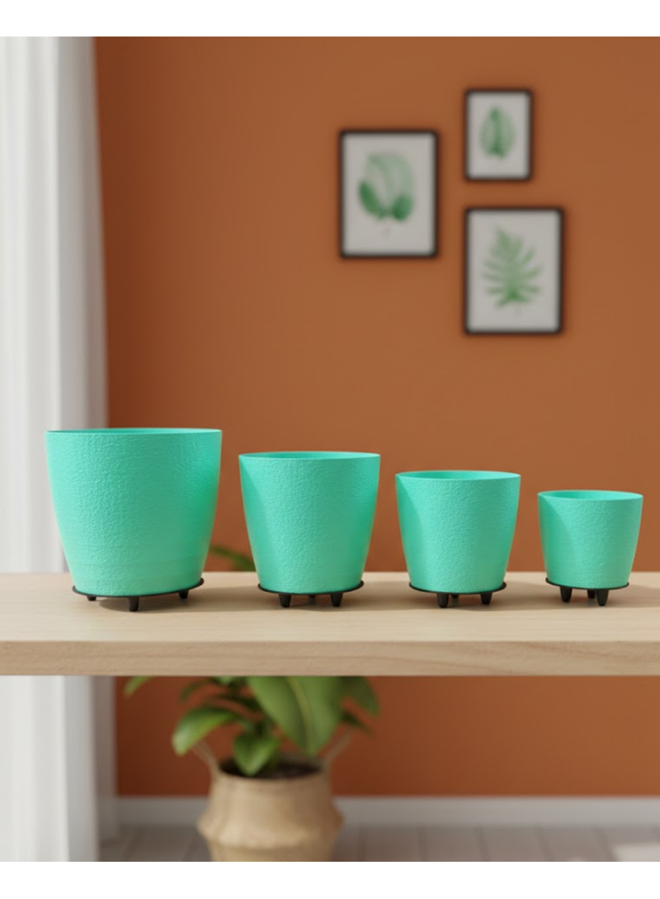 4’lü 3D Yeşil Dekoratif Vazo Seti Modern Ayaklı Şık Saksı Takımı