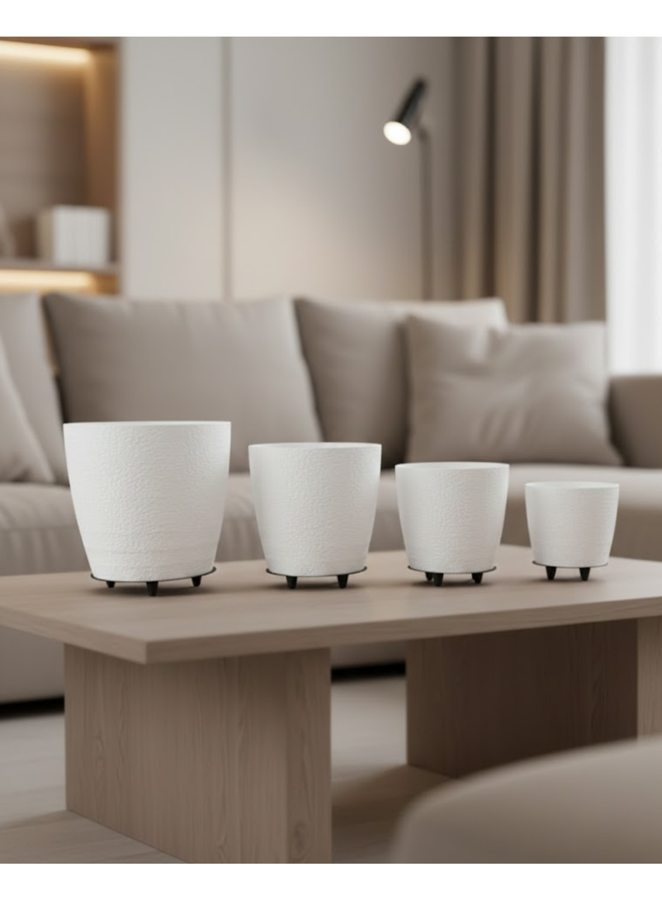 4’lü 3D Beyaz Ayaklı Saksı Seti Modern Minimal Dekoratif Vazo