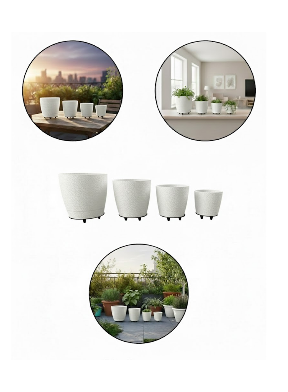 4’lü 3D Beyaz Ayaklı Saksı Seti Modern Minimal Dekoratif Vazo