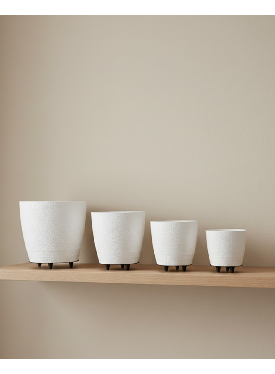 4’lü 3D Beyaz Dekoratif Vazo Seti Modern Ayaklı Şık Saksı Takımı