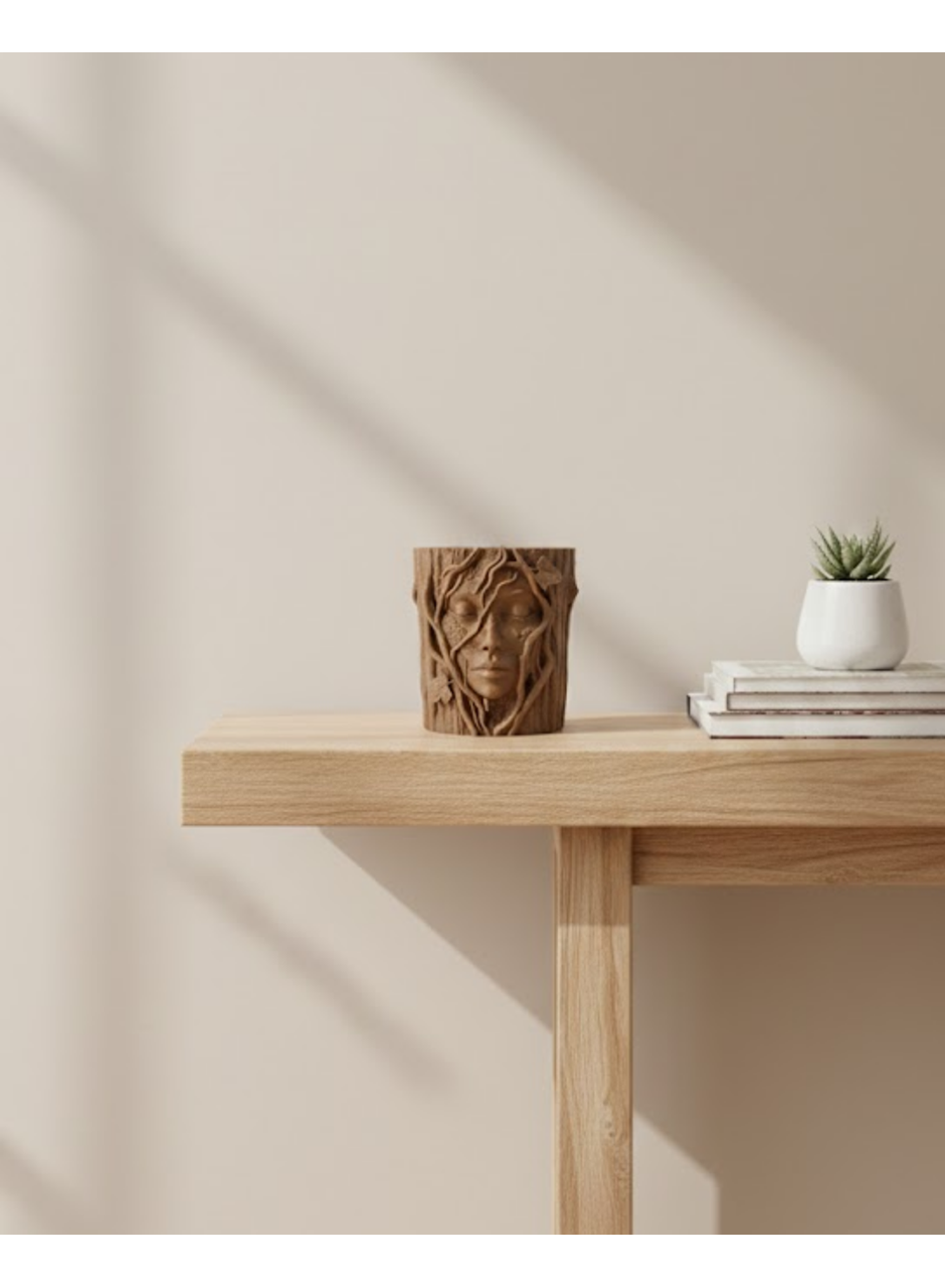 3D Doğal Ahşap Görünümlü Yüz Detaylı Dekoratif Vazo Sanat Tasarım