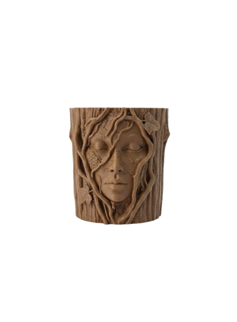 3D Doğal Ahşap Görünümlü Yüz Detaylı Dekoratif Vazo Sanat Tasarım