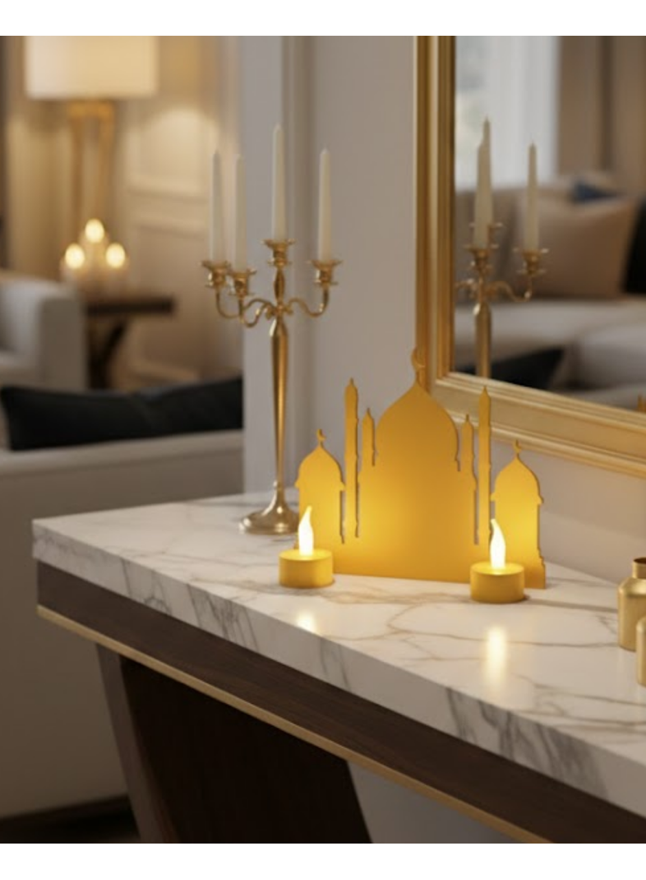 3D Ramazan Cami Dekor 2 Mumlu Işıklı Masa Üstü Biblo