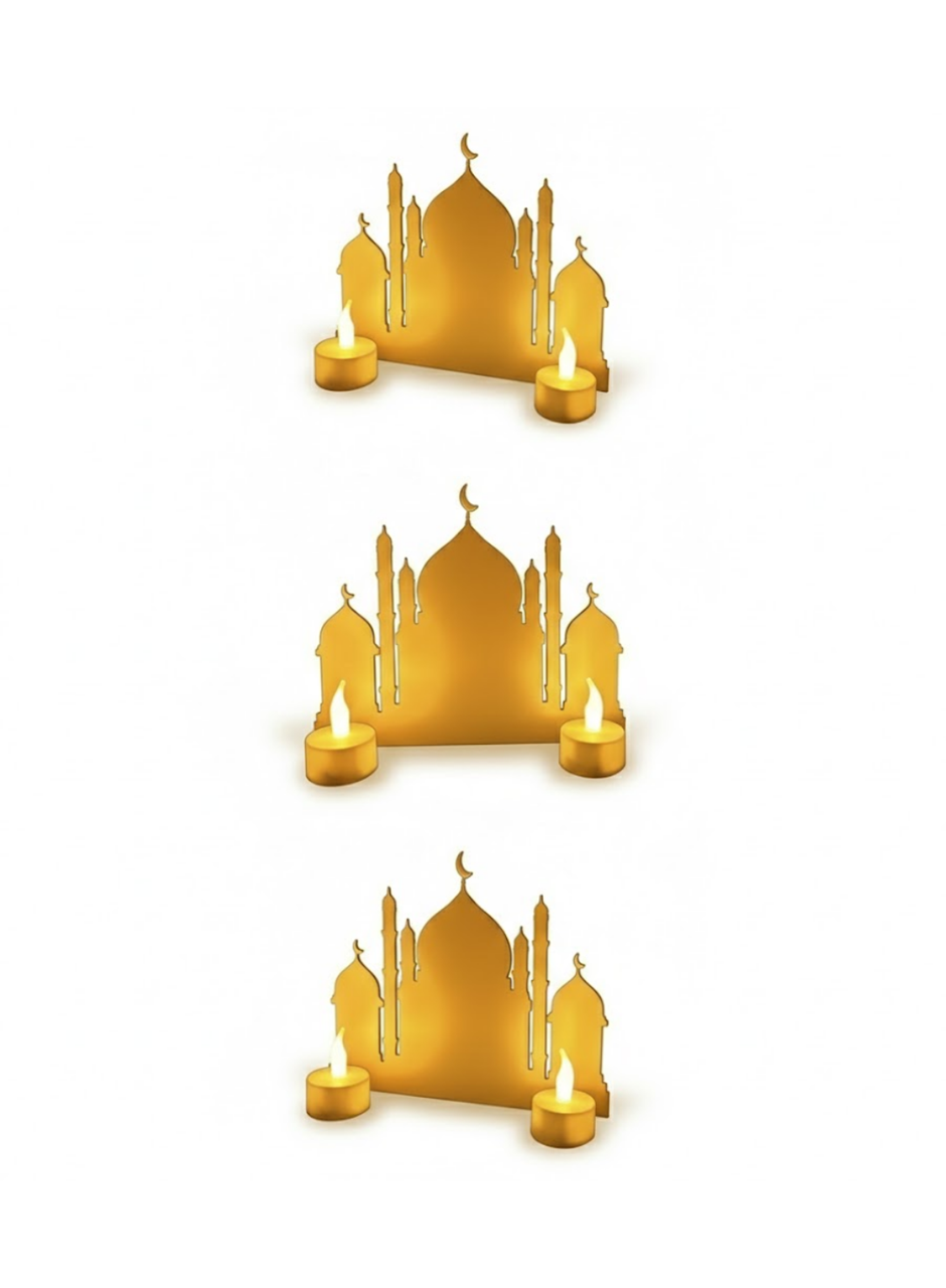 3D İki Mumlu Cami Dekor 2 Pilli LED Mum Hediyeli Masa Üstü Süs