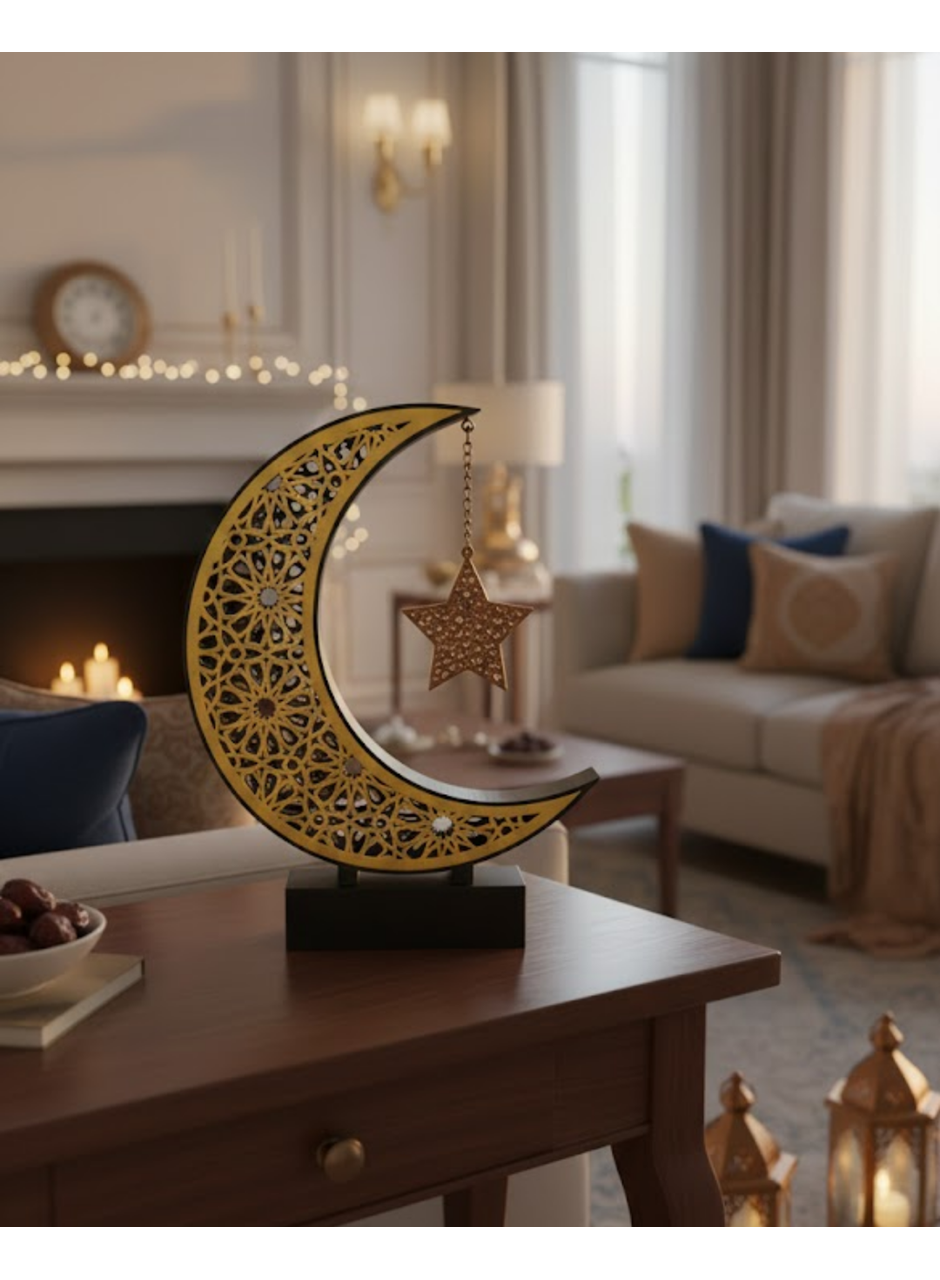 3D Hilal Yıldız Dekor 23x23 cm Ramazan Özel Masa Üstü Süs