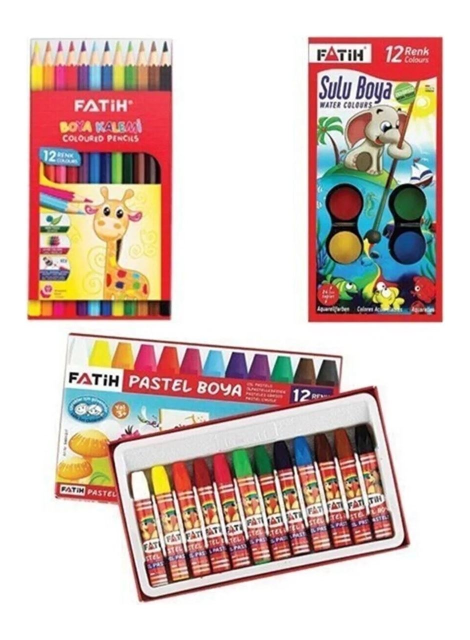 Boyama Seti Üçlü 12 li Kuru Boya,Sulu Boya.Pastel Boya