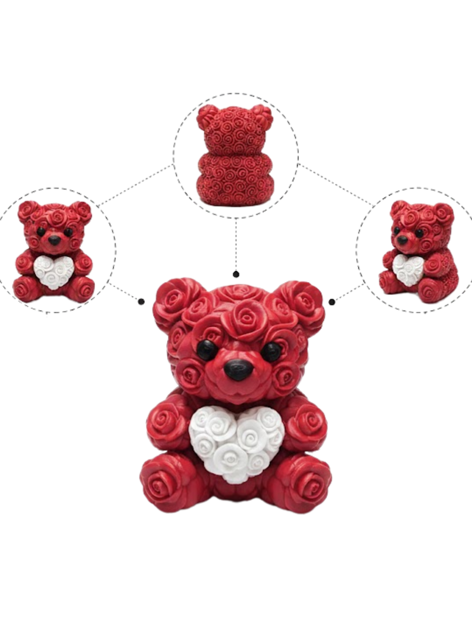 3D Gül Tasarımlı Kalp Ayıcık 10cm Şık Dekoratif Biblo