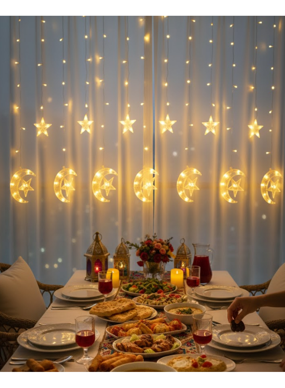 Sıcak Beyaz Ay Yıldız Işık Zinciri Parti Düğün Ramazan Dekoru