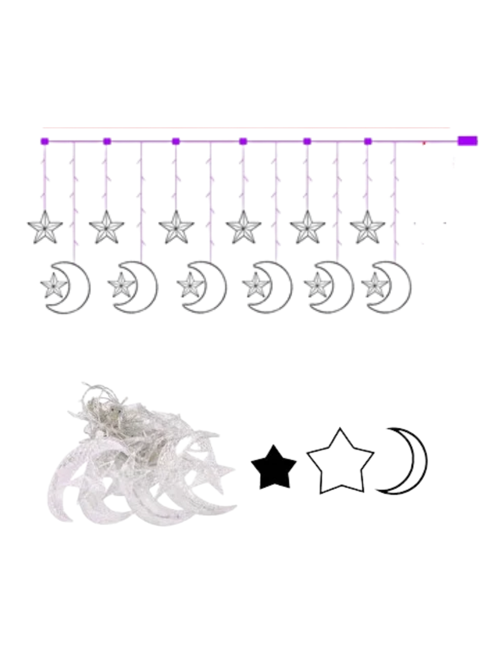 Dekoratif Ay Yıldız Perde Işığı Sıcak Beyaz Festival ve Ev Süsleme