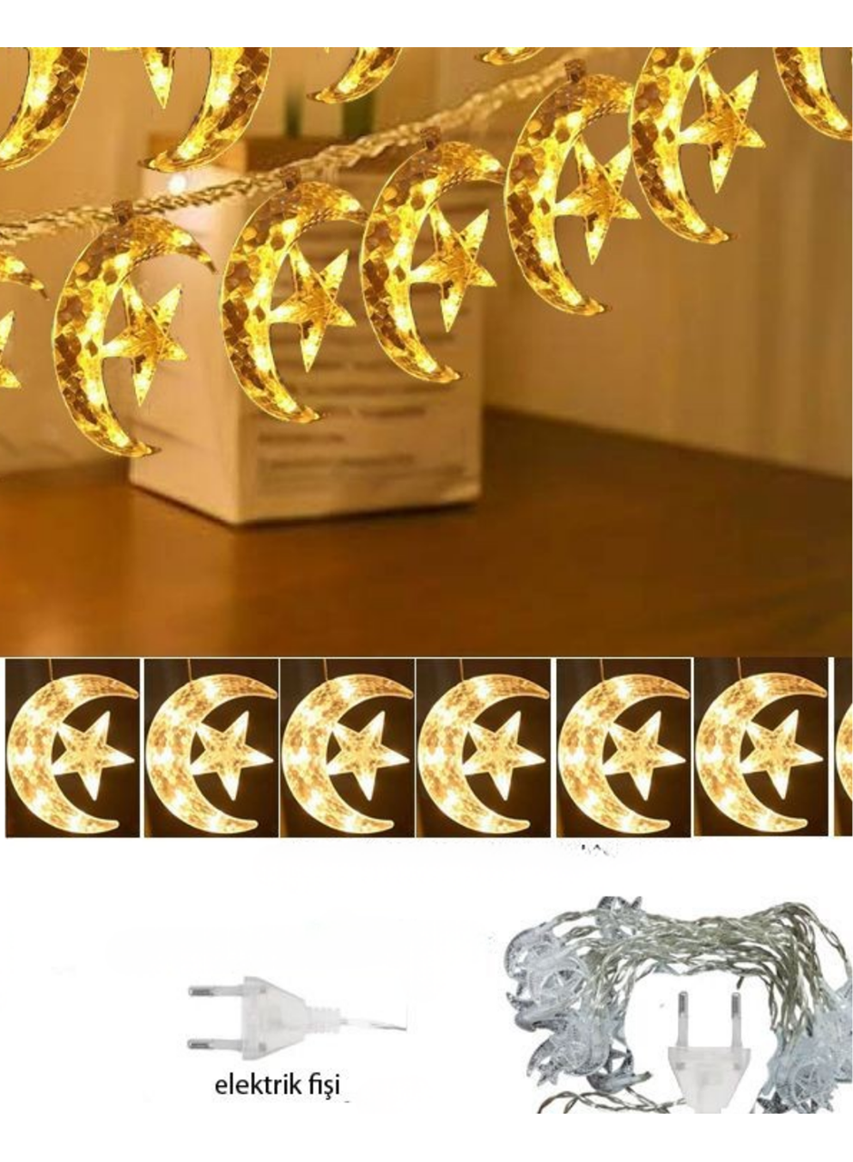 Ramazan İçin Hilal Yıldız Işık Zinciri Yanıp Sönen ve Sabit Modlu