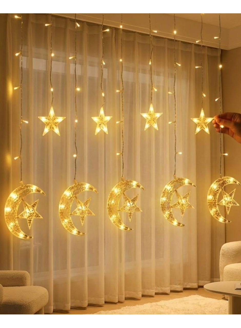 Hilal Yıldız Perde LED Işık 2 Modlu Sıcak Beyaz Dekoratif Aydınlatma