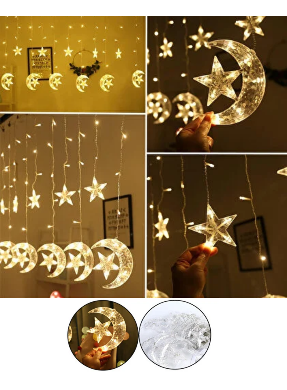 Hilal Yıldız Perde LED Işık 2 Modlu Sıcak Beyaz Dekoratif Aydınlatma