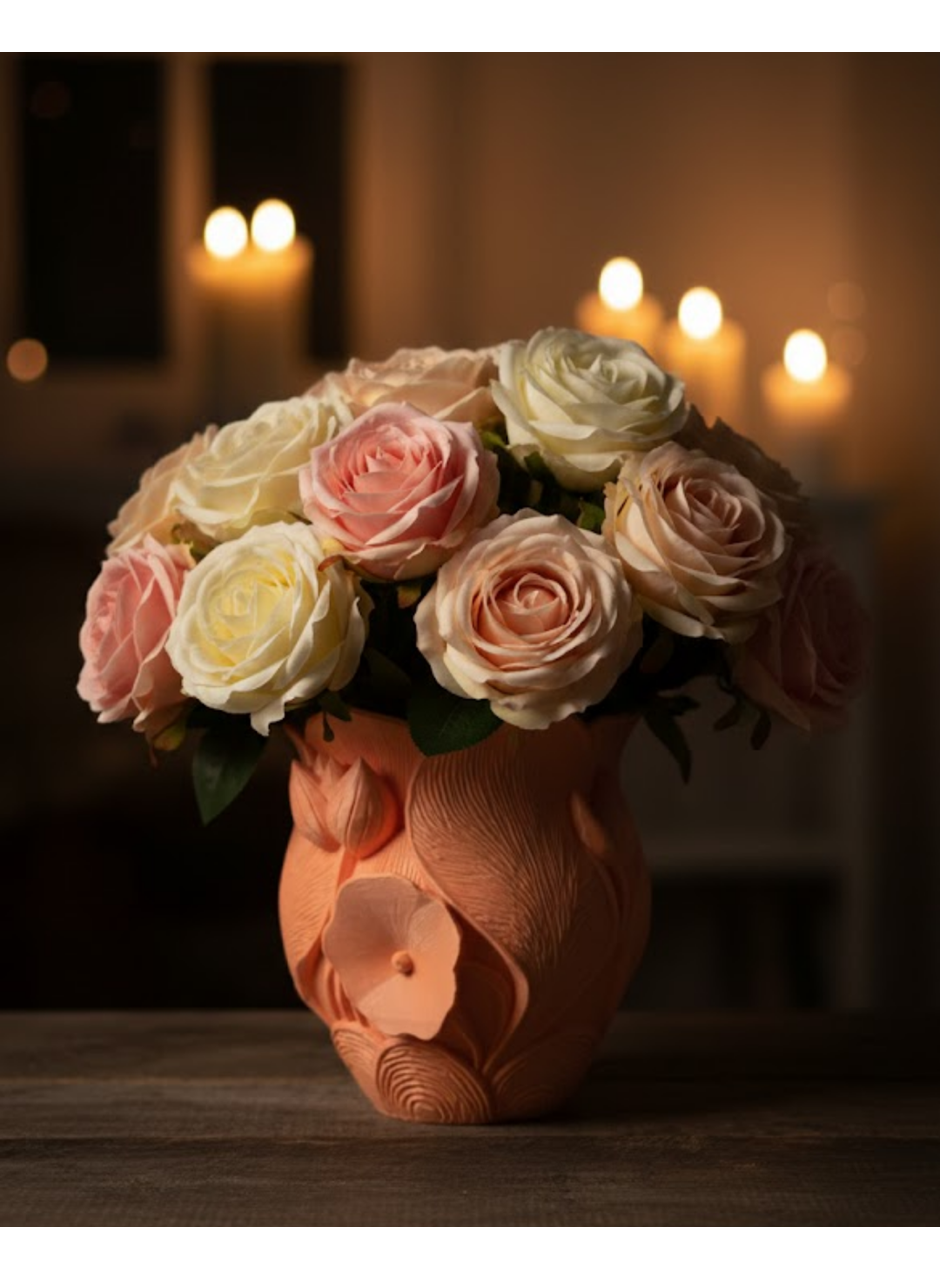 3D Kabartmalı Çiçek Motifli Turuncu Dekoratif Vazo