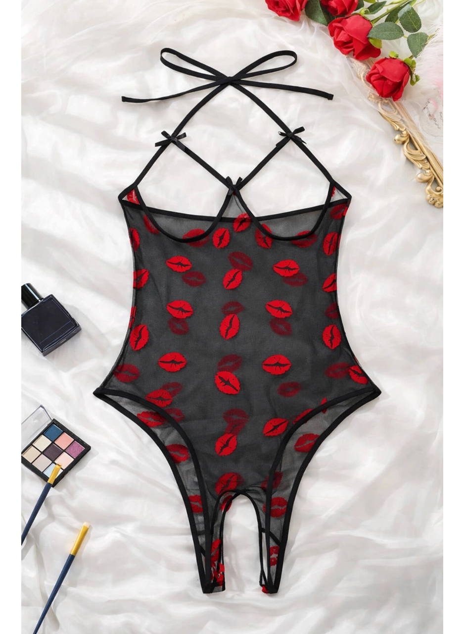 Öpücük Desenli Transparan Siyah Fantazi İç Giyim TM1385