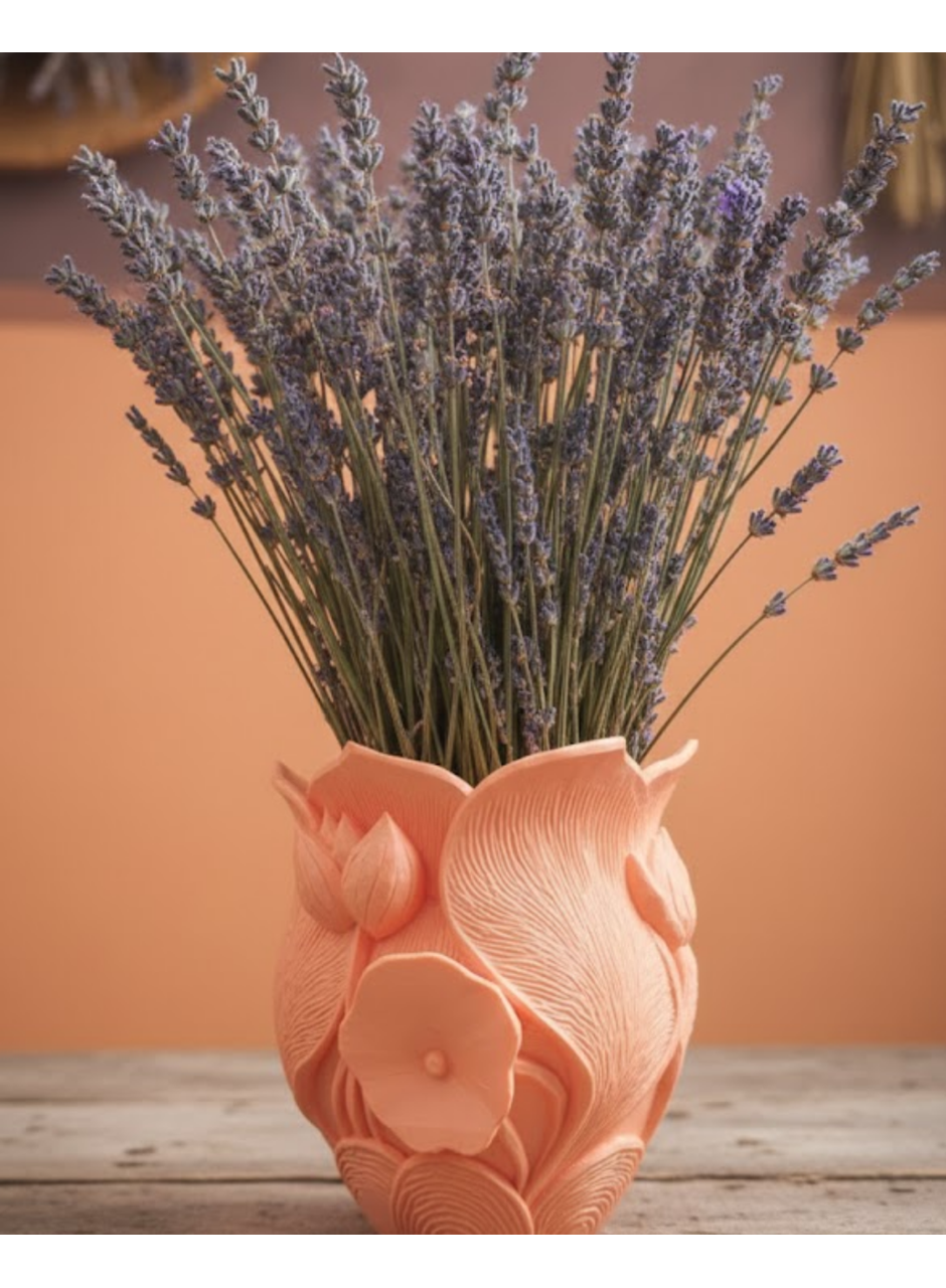 Turuncu Çiçek Desenli 3D Dekoratif Vazo Modern Masaüstü Aksesuar