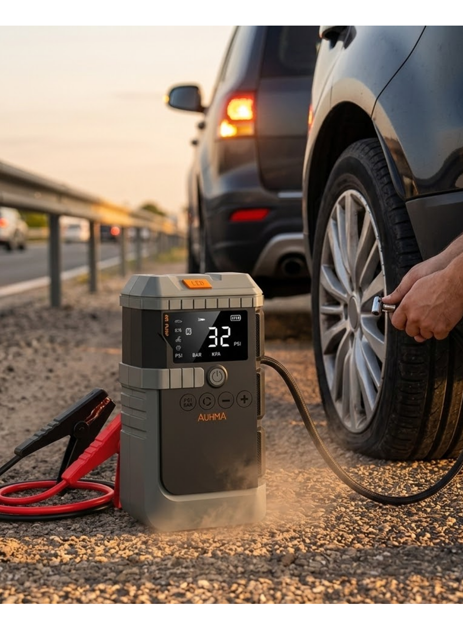 Araç Akü Takviye Powerbank Lastik Şişirme Kompresörü LED Işıklı Çok Fonksiyonlu Acil Durum Cihazı