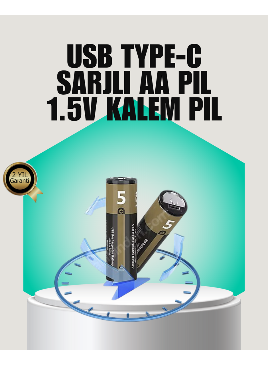 1.5V AA Şarjlı Lityum Pil | 1000+ Kez Şarj Edilebilir | Hızlı Type-C Şarj (2 Adet)