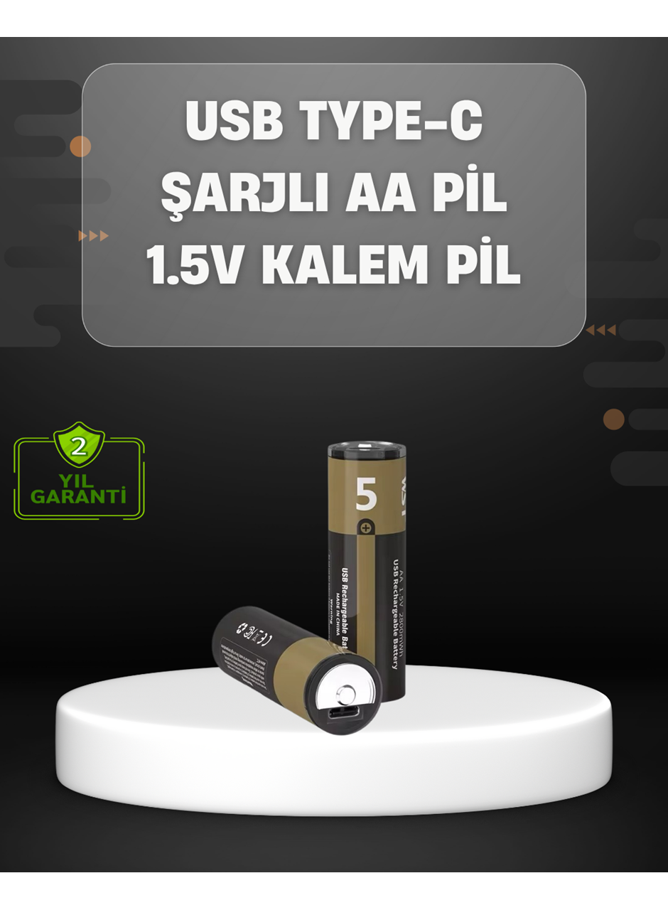 USB Type-C Girişli Şarjlı AA Lityum Pil | 1.5V Sabit Çıkış | 3200mWh (2'li Paket)