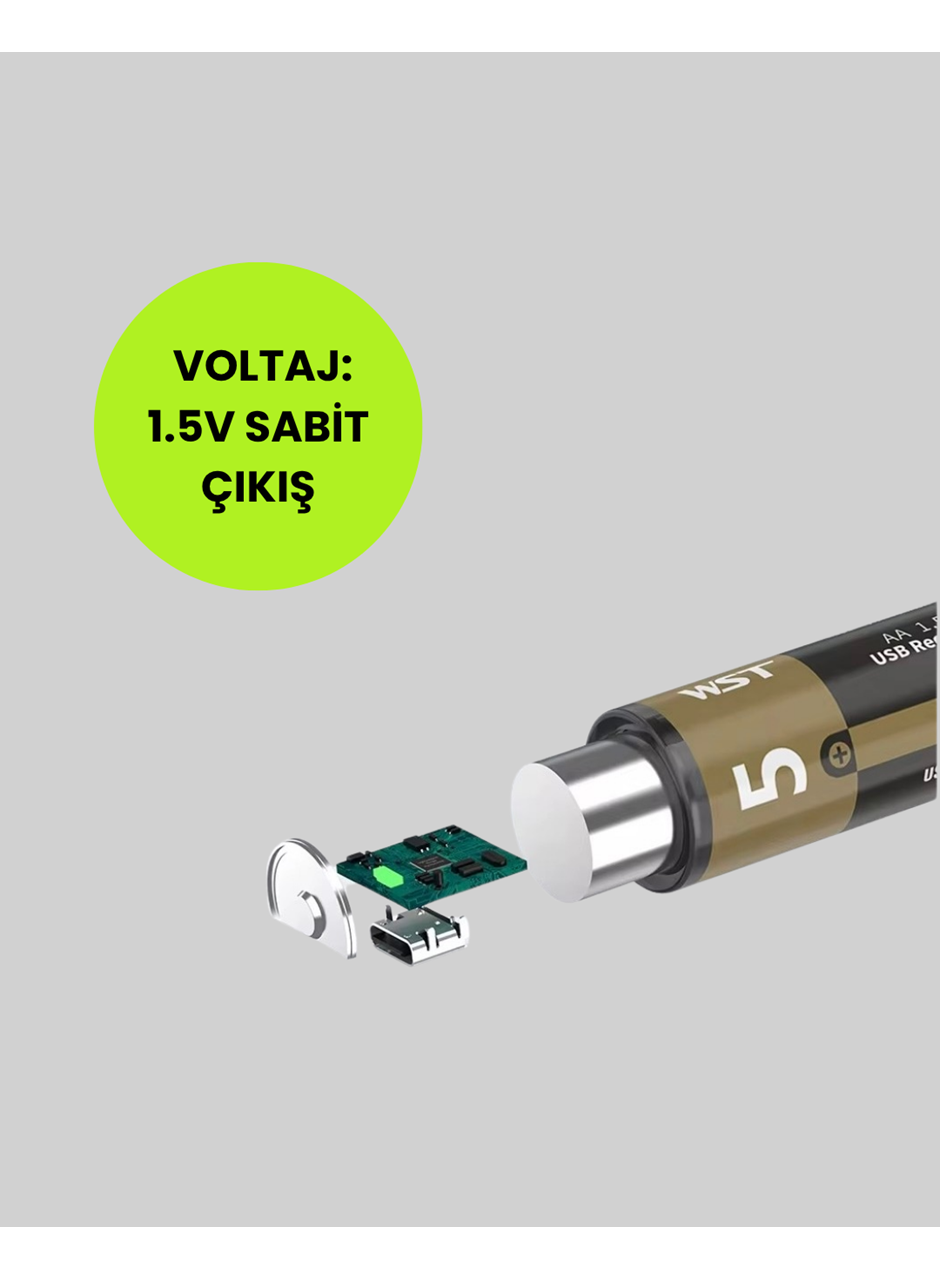 USB Type-C Girişli Şarjlı AA Lityum Pil | 1.5V Sabit Çıkış | 3200mWh (2'li Paket)