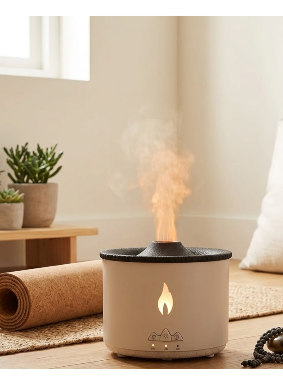 Aromaterapi Difüzörü Alev Efektli LED Işıklı Sessiz Hava Nemlendirici Otomatik Kapanma