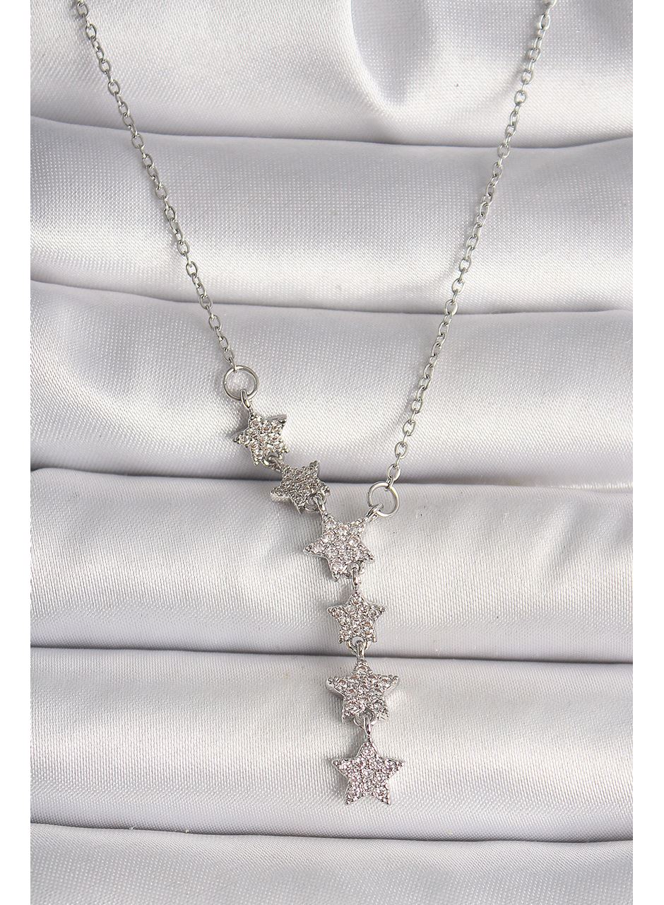 316L Çelik Gümüş Renk Zincir Zirkon Taşlı Yıldız Model Kadın Kolye